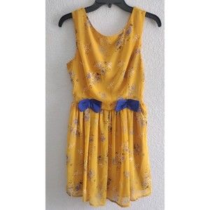 Alice Moon Collection Women Size Small Yellow Floral Dress Blue Bows Mini Dress